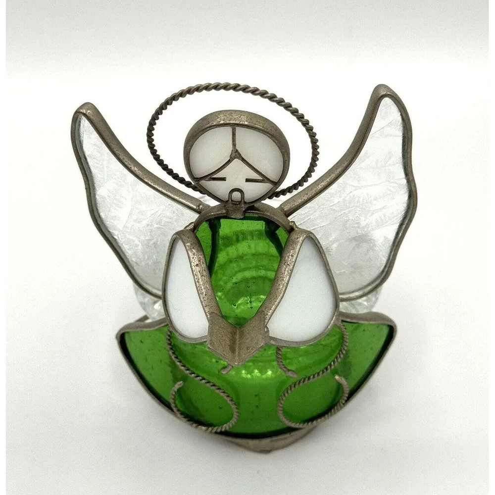 Vintage Green Glass Angel Tea Light Holder Frosted‎ Wings Stained Glass Style 6